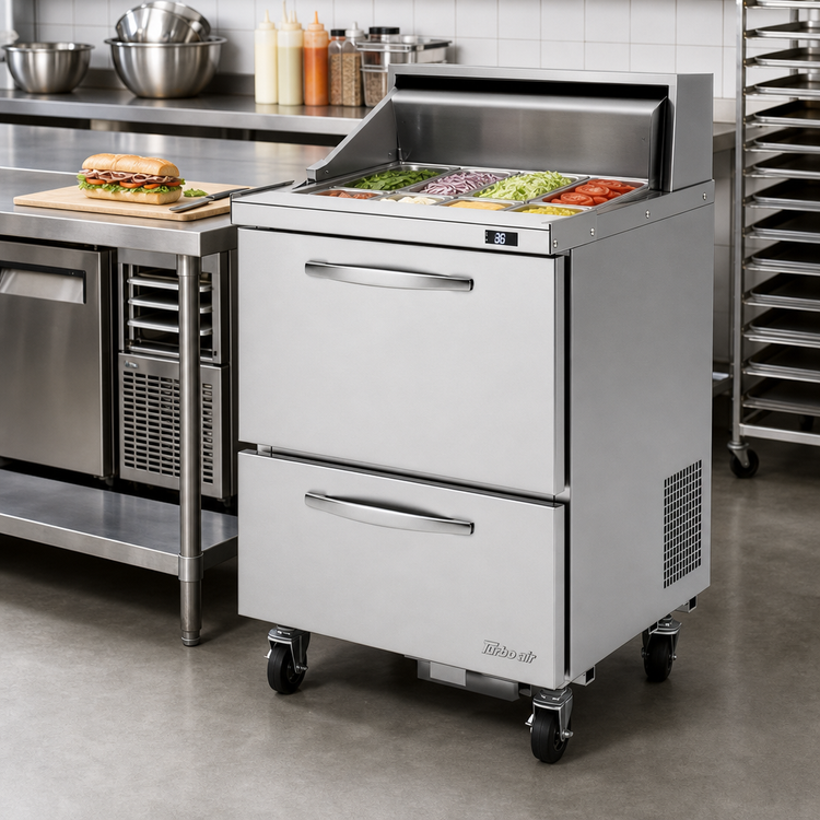 Product image #2 for Turbo Air PRO Series 27-1/2-Inch 1-Section 2-Drawer Sandwich/Salad Prep Table with 8-Pan Capacity