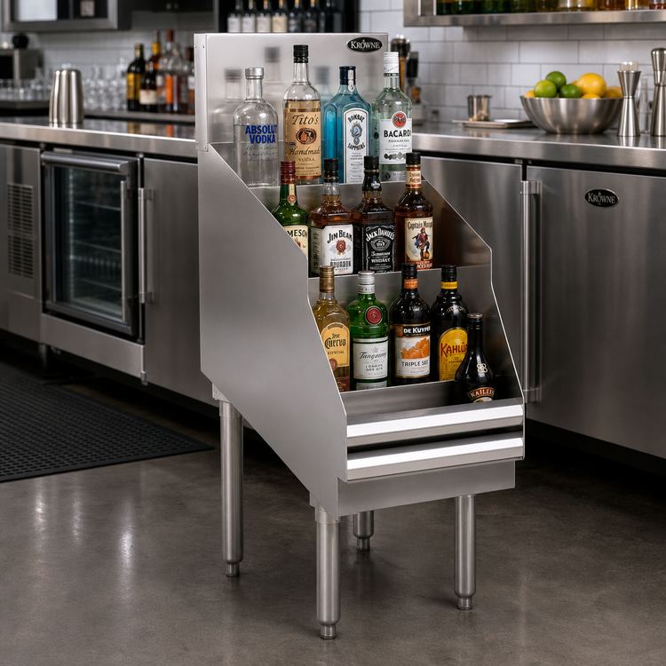Product image #2 for Krowne Royal Series Freestanding Underbar Liquor Display with 5 Bottle Steps and 15-Bottle Capacity