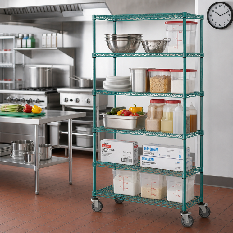 Product image #2 for Quantum 5-Shelf Mobile Wire Shelving Cart, 36W x 24D x 69H, Green Epoxy Coated