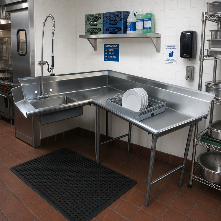 Product image #2 for Advance Tabco Korner-Soil L-Shaped Right-Hand Dish Table with 8-Inch Pre-Rinse Sink, 59-Inch, 14-Gauge 304 Stainless Steel
