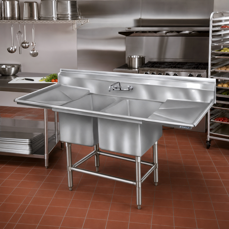 Product image #2 for Eagle Spec-Master FN Series Coved Corner Two-Compartment Sink with Left Drainboard, 63-1/2 Inch W x 35 Inch D, 14 Gauge 300 Series Stainless Steel