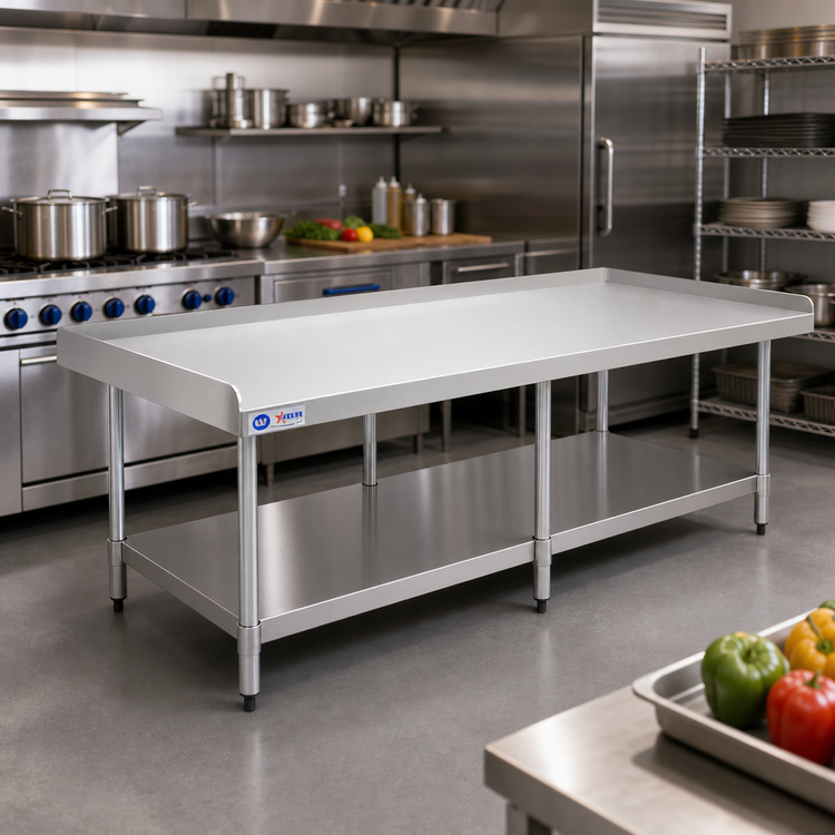 Product image #2 for 72 Inch x 30 Inch Stainless Steel Equipment Stand with Undershelf, 2 Inch Upturn, 6 Legs, and Adjustable Bullet Feet