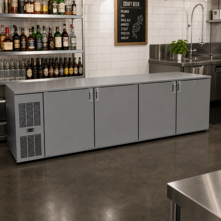 Product image #2 for Glastender 108-Inch Four-Section Front-Serviced Low-Profile Back Bar Cooler with Self-Contained R290 Refrigeration