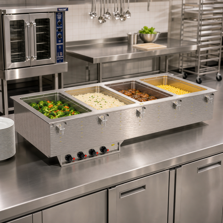 Product image #2 for Vollrath Four-Well Drop-In Hot Food Well with 12 x 20 Individual Pans, Marine Grade Stainless, Infinite Controls, Manifold Drain, 208V