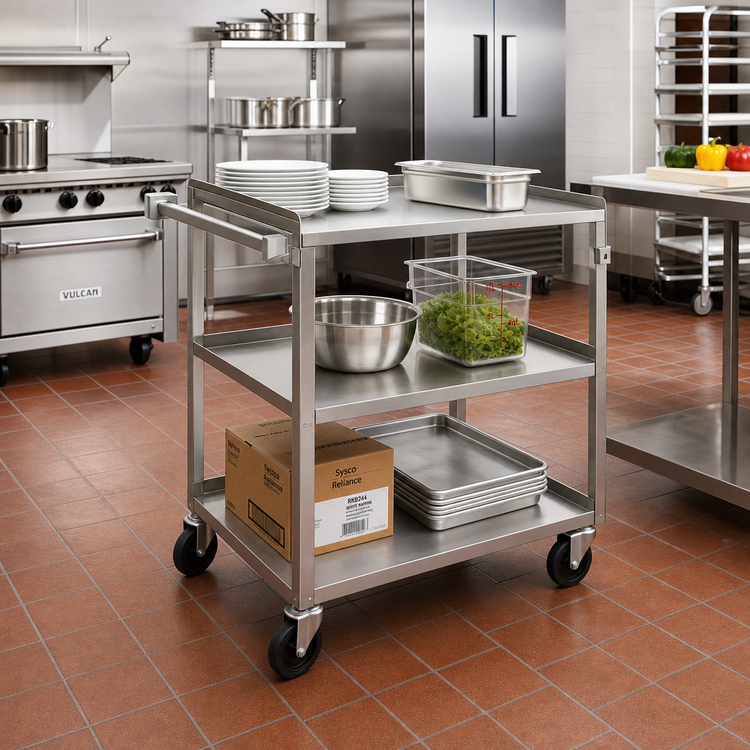 Product image #3 for Stainless Steel 3-Shelf Utility / Bussing Cart with Push Handle and 5-Inch Swivel Casters, 39.5 x 22 x 37.25 Inches