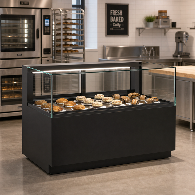 Product image #2 for Structural Concepts Reveal® 47-3/4 Inch Freestanding Non-Refrigerated Pastry Display Case with LED Light and Sliding Rear Doors