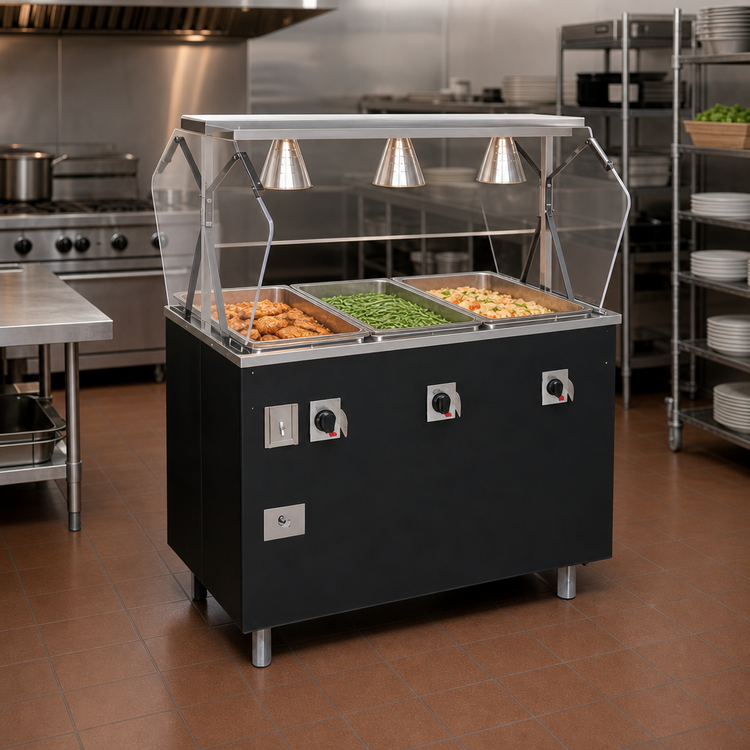 Product image #2 for Vollrath 2-Series Affordable Portable Deluxe 3-Well Mobile Hot Food Station with Buffet-Style Breath Guard and Lights