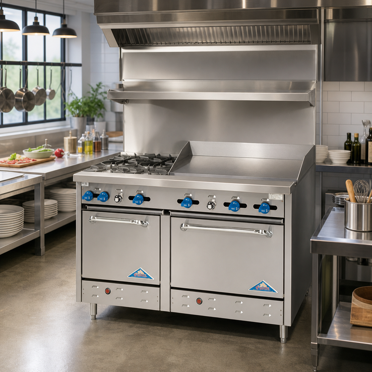 Product image #2 for Comstock-Castle F3218-36 48-Inch Commercial Gas Range with 2 Open Burners, 36-Inch Griddle, and 2 Space-Saver Ovens