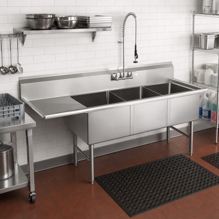 Product image #2 for John Boos B-Series 3-Compartment Sink with Left Drainboard, 70-3/16-Inch Wide, 16-Gauge Stainless Steel