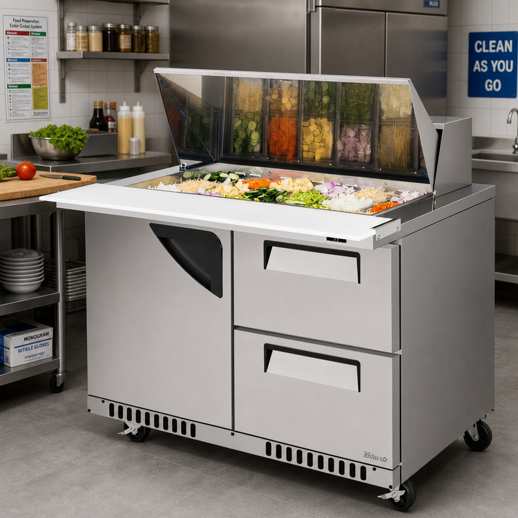 Product image #3 for Turbo Air Super Deluxe 48-1/4-Inch Two-Section Mega Top Sandwich/Salad Prep Table with 1 Door and 2 Drawers