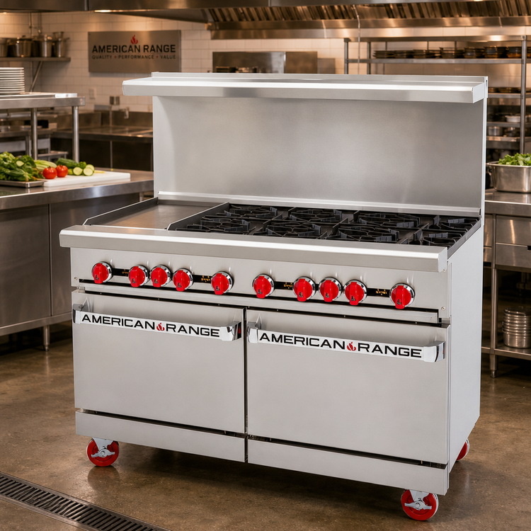 Product image #2 for American Range 48-Inch Gas Restaurant Range with 12-Inch Left Griddle, 6 Open Burners, and 2 Storage Bases