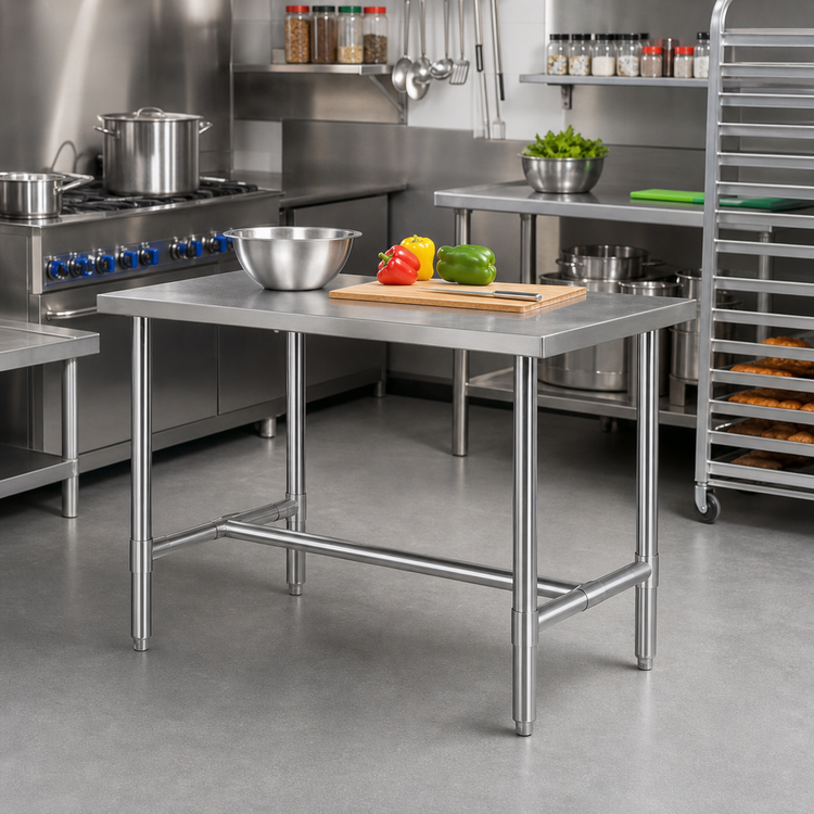 Product image #2 for Klinger's Trading HST2448 Heavy Duty Stainless Steel Work Table, 48 x 24 x 36 Inches, 18-Gauge 430 Top, Open H-Base