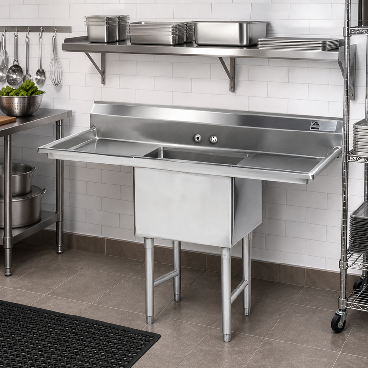 Product image #2 for Advance Tabco 1-Compartment Fabricated Sink with Left and Right Drainboards, 16-Gauge 304 Stainless Steel, 66-Inch Long