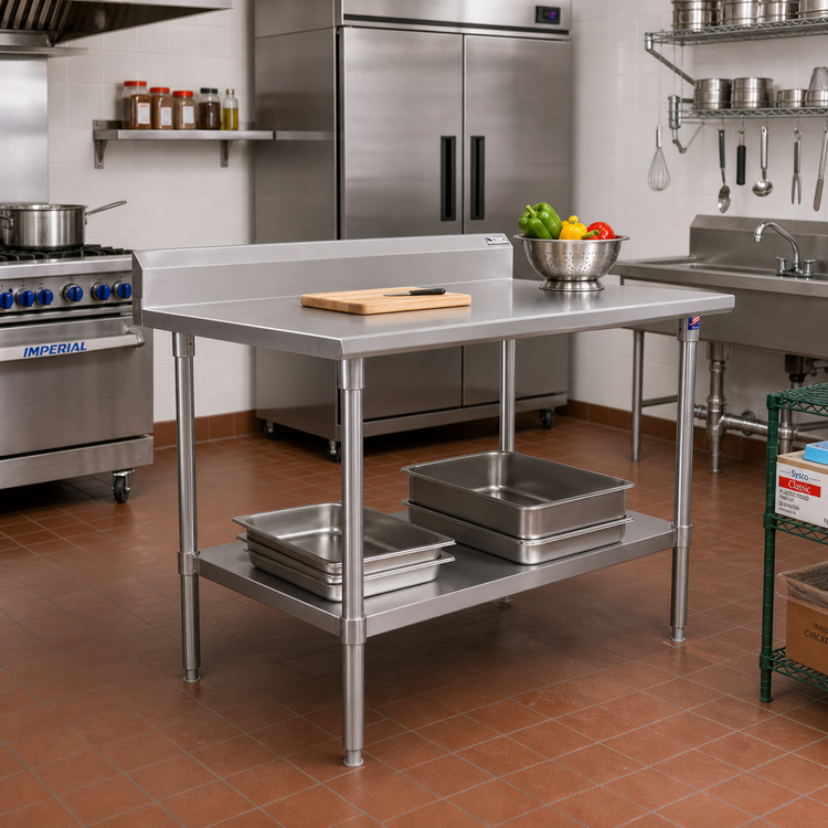 Product image #2 for John Boos Stallion 72-Inch x 30-Inch Stainless Steel Top Work Table with 5-Inch Backsplash, Safety Edge, and Undershelf