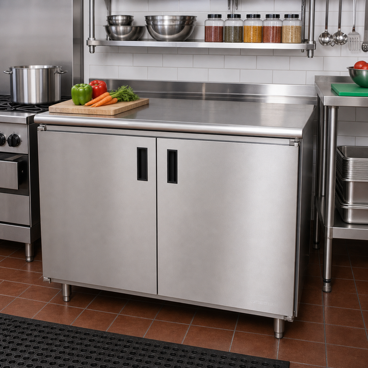 Product image #2 for Advance Tabco Special Value 60" x 30" 16-Gauge 304 Stainless Steel Enclosed Work Table with Cabinet Base, Mid-Shelf and Hinged Doors
