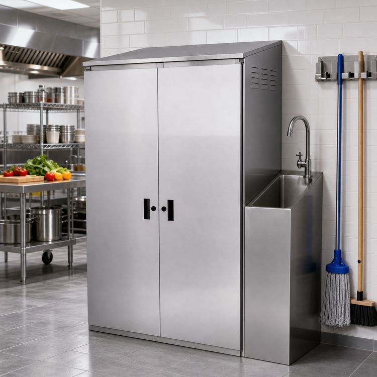 Product image #3 for Double Width Stainless Steel Mop Sink Cabinet with Right-Side Sink, 84-Inch High