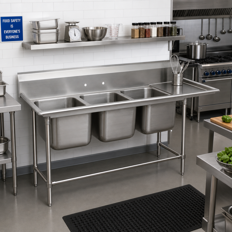 Product image #2 for 3-Compartment Commercial Sink with Right-Hand Drainboard, 14-Gauge 304 Stainless Steel, 88-3/8 Inch Overall Length