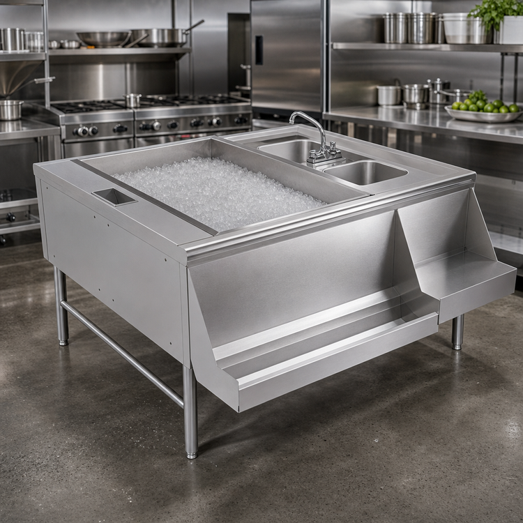 Product image #2 for Prestige 42-Inch x 42-Inch Double Service Station with Left Pass-Thru Ice Bin, 10-Circuit Cold Plate, and 2 Hand Sinks