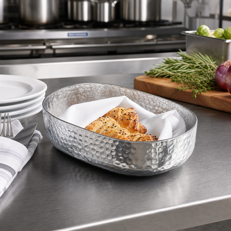 Product image #2 for American Metalcraft 48 oz. Oval Hammered Aluminum Entrée Basket, Silver