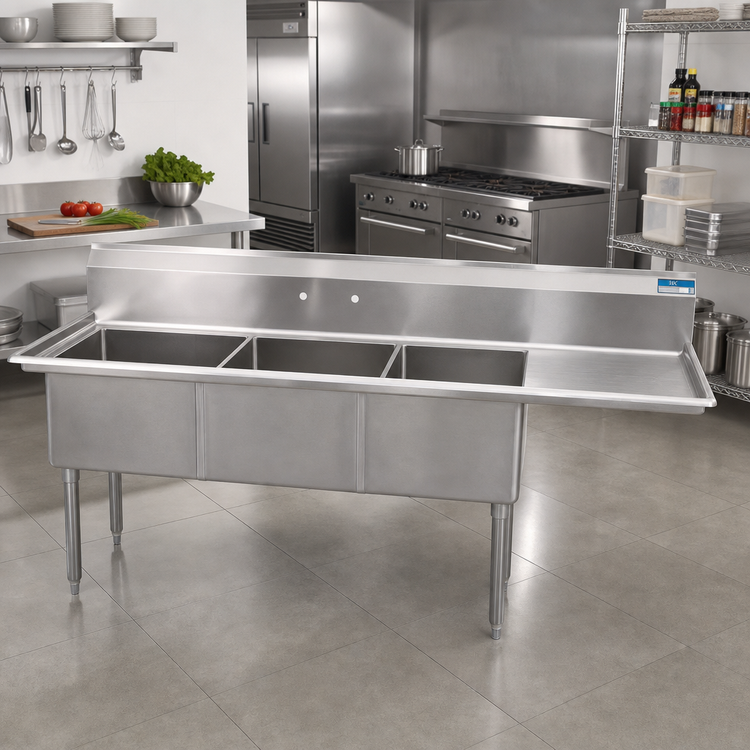 Product image #2 for BK Resources Three-Compartment Stainless Steel Sink with Right Drainboard and 18" x 18" x 12" Bowls