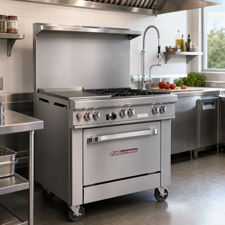 Product image #2 for Southbend Ultimate 36-Inch Gas Restaurant Range with 2 Non-Clog Burners, 24-Inch Thermostatic Griddle, Cabinet Base, and Backriser Shelf