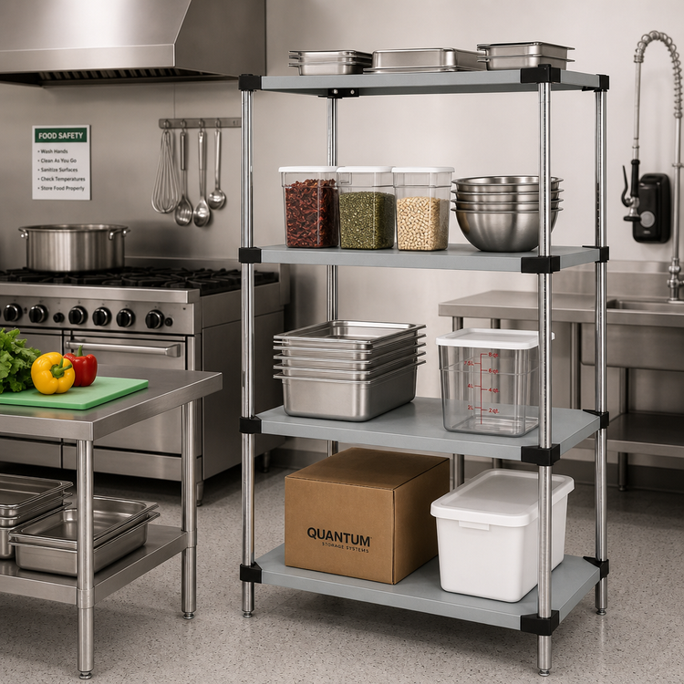 Product image #2 for Quantum Solid Shelving Starter Kit with 4 Shelves and 4 Posts, 42"W x 18"D x 54"H, 304 Stainless Steel