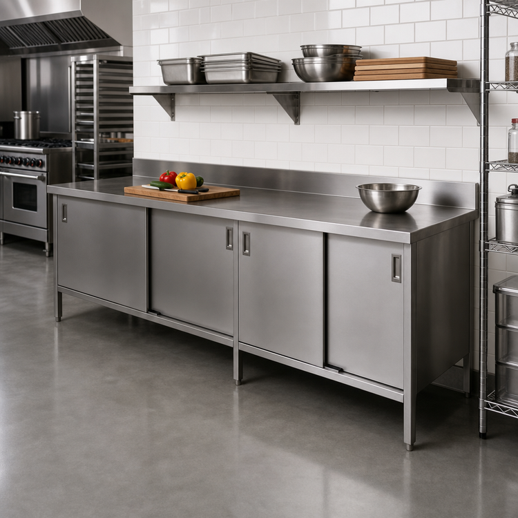 Product image #2 for John Boos Enclosed Base Work Table with Sliding Doors, 108-Inch W x 30-Inch D, 16-Gauge 300 Series Stainless Steel Top, 5-Inch Backsplash