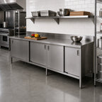 Thumbnail image #2 for John Boos EBSS6R5-30108 Enclosed Stainless Steel Work Table with Sliding Doors, 108"W x 30"D, 16-Gauge 300 Series Top, 5" Backsplash