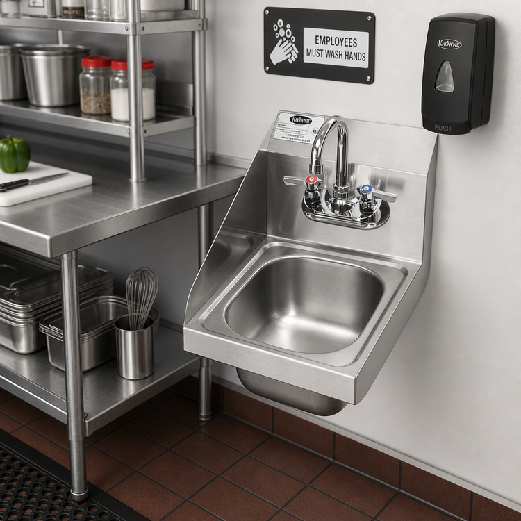 Product image #2 for Krowne 12-Inch Space Saver Wall-Mount Stainless Steel Hand Sink with Left Side Splash and Included Faucet