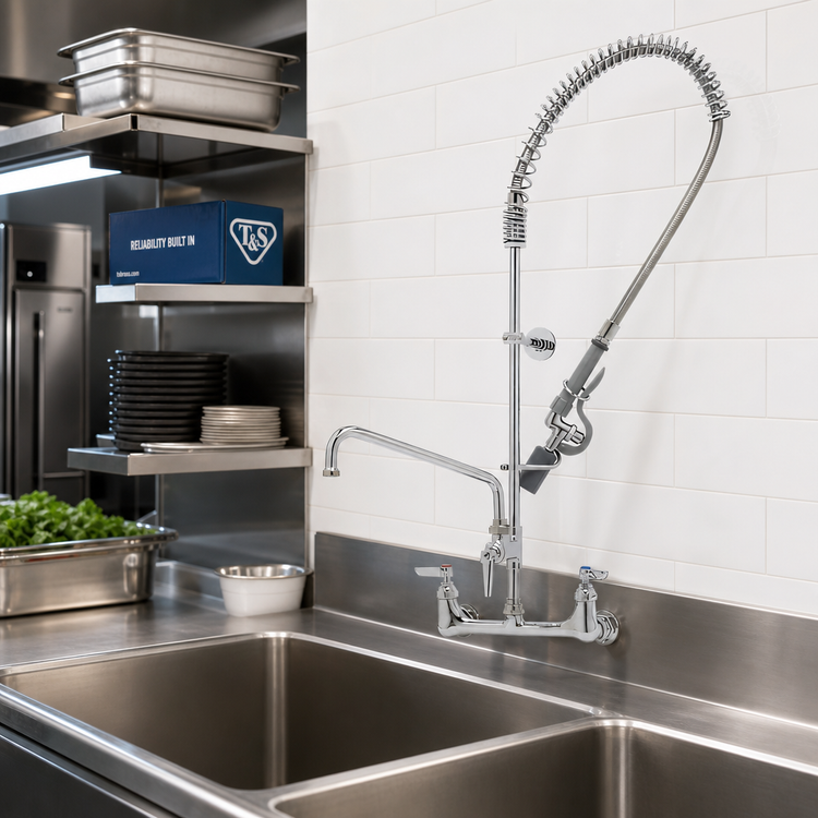 Product image #2 for T&S Brass EasyInstall 8-Inch Wall Mount Pre-Rinse Unit with Add-On Faucet, 8-Inch Swing Nozzle, and 0.65 GPM Spray Valve