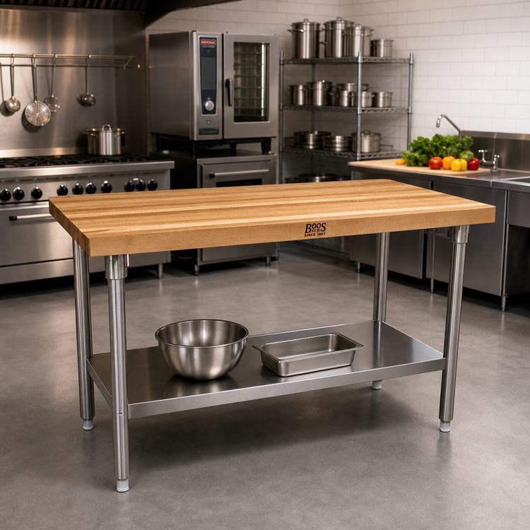 Product image #2 for John Boos SNS03-X 60-Inch x 24-Inch Wood Top Work Table with Stainless Steel Base and Adjustable Undershelf