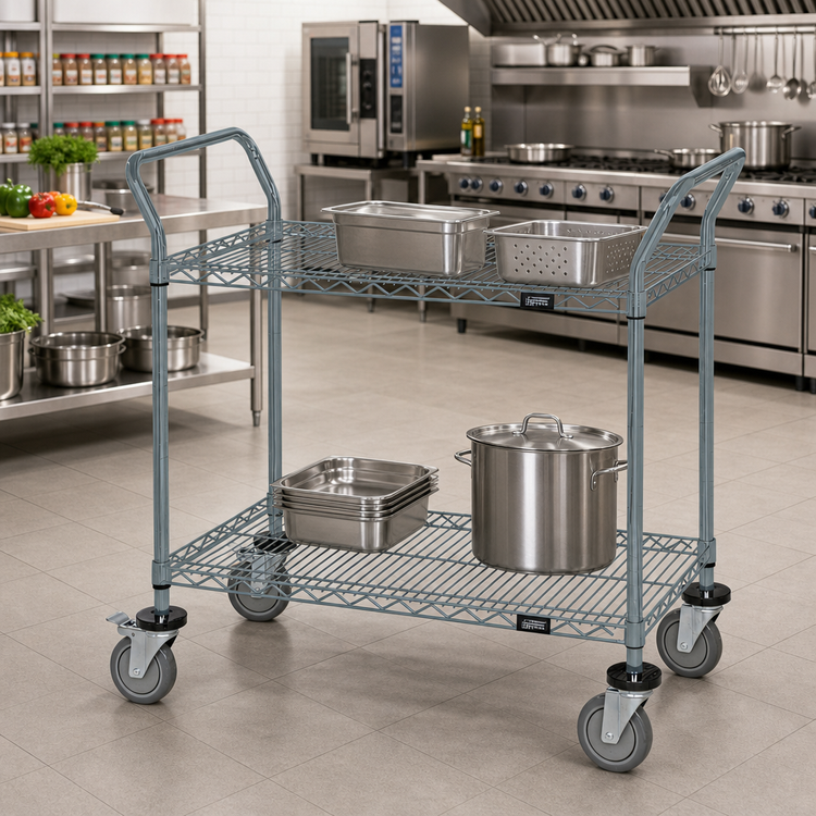 Product image #2 for Quantum 60 Inch Gray 2-Shelf Wire Utility Bus Cart with U-Handles and Donut Bumpers