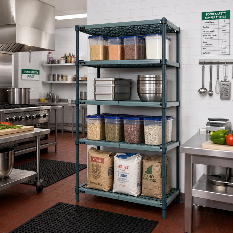 Product image #2 for Quantum WR63-2130WPM 4-Tier Stationary Wire Plastic Mat Shelving Unit, 30"W x 21"D x 63"H, Green Epoxy Antimicrobial Finish