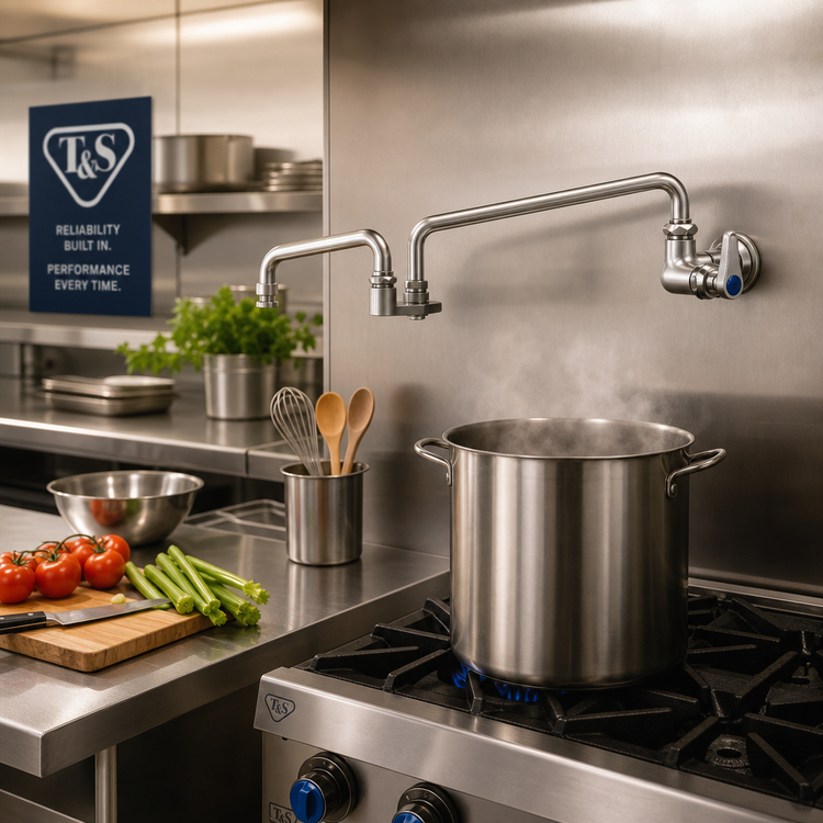 Product image #2 for T&S Brass Wall-Mount Single-Control Pot Filler Faucet with 18-Inch Double Joint Swing Nozzle and Lever Handle