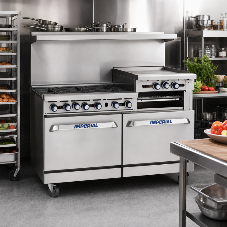 Product image #2 for Imperial Pro Series 60-Inch Commercial Gas Range with 4 Open Burners, 36-Inch Griddle, Convection Oven and Cabinet Base