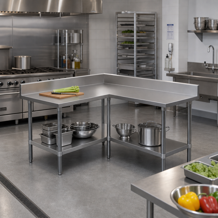 Product image #2 for John Boos L-Shaped Corner Stainless Steel Work Table with 5-Inch Backsplash and Adjustable Undershelf