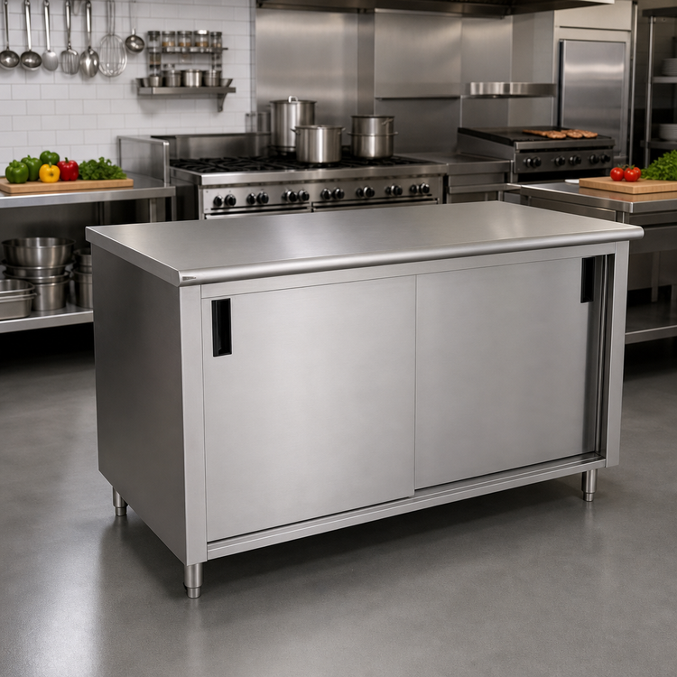 Product image #2 for Advance Tabco 96-Inch x 30-Inch Enclosed Work Table with Sliding Door Cabinet Base and 14-Gauge 304 Stainless Steel Flat Top