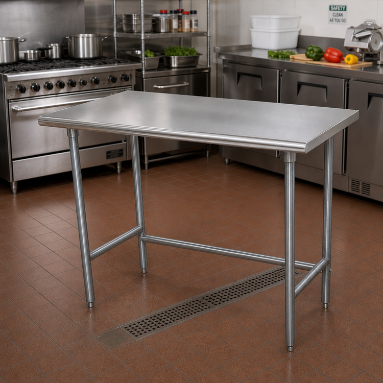 Product image #2 for Advance Tabco Special Value 48-Inch x 36-Inch Flat Top Work Table with 16 Gauge 430 Stainless Steel Top and Galvanized Open Base