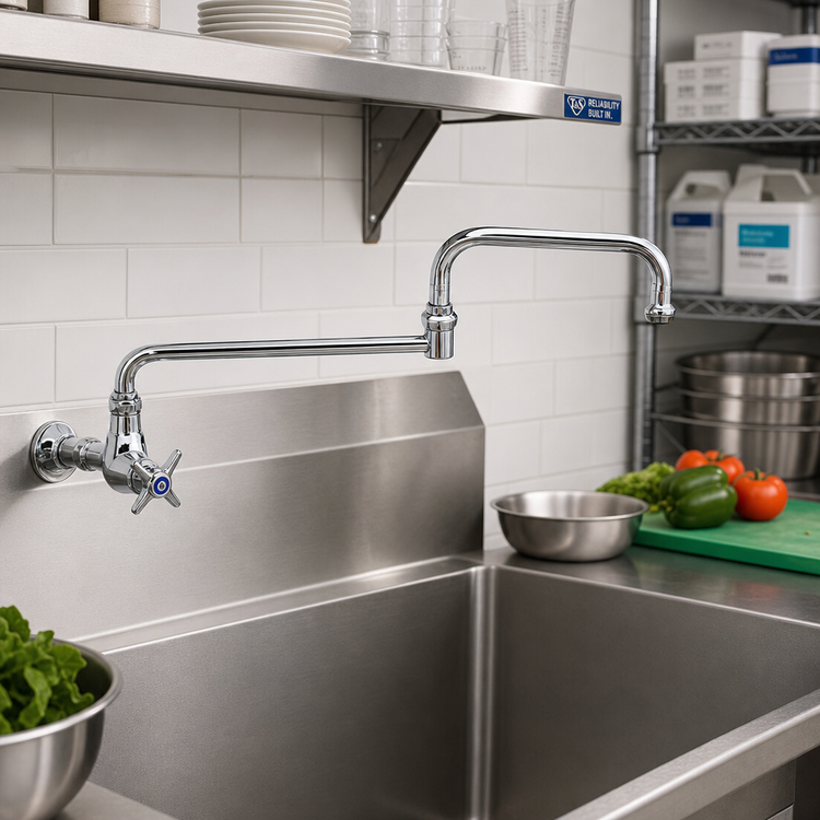 Product image #2 for T&S Brass Single-Temperature Wall-Mounted Pantry Faucet with 12-Inch Double-Joint Swing Nozzle