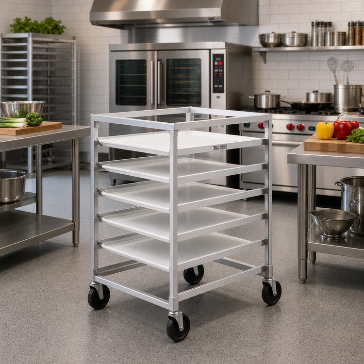 Product image #2 for New Age Mobile Half-Height Double-Deep Side-Loading Aluminum Tray Rack for 12 15" x 20" Trays