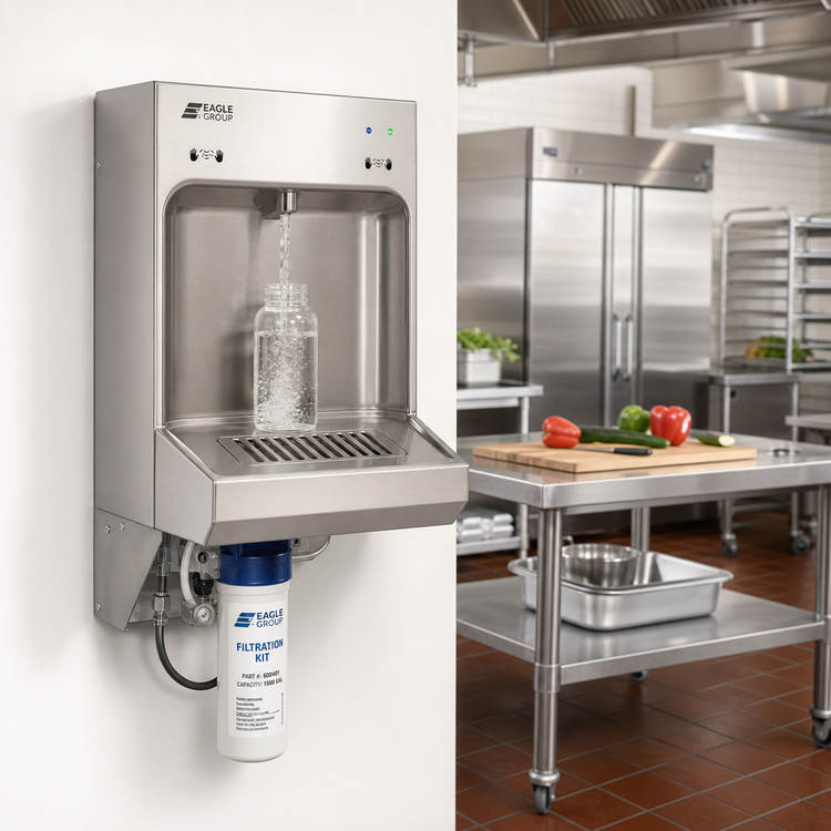 Product image #2 for Eagle Group Wall-Mounted Dual Hands-Free Electronic-Eye Bottle Filler Station with 12-Inch Clearance and Filtration Kit