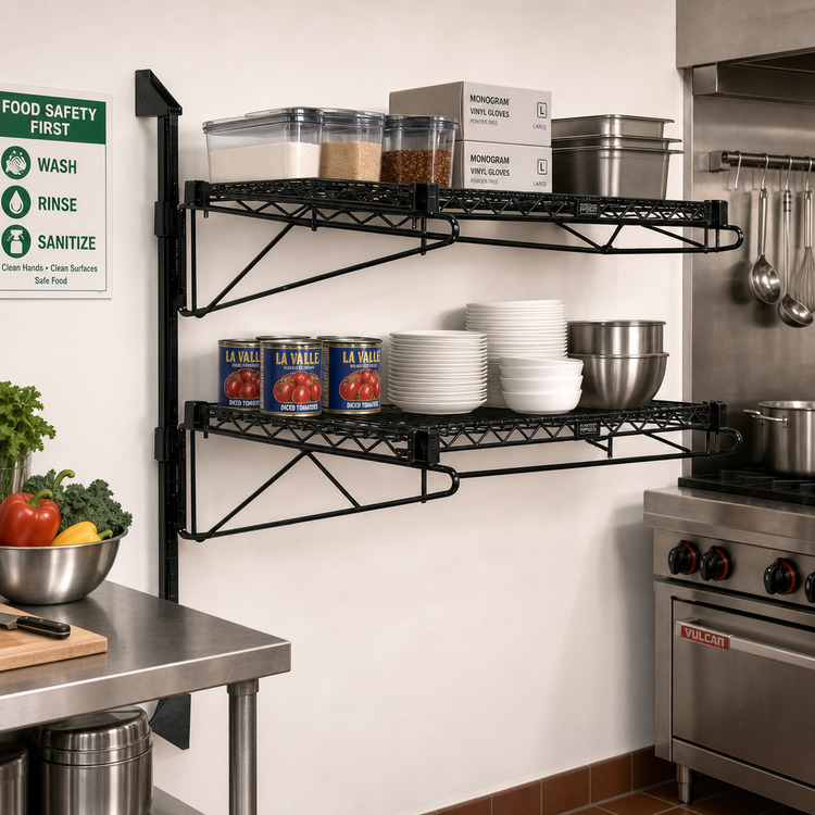Product image #2 for Quantum Cantilever Double Shelf Wall-Mount Wire Shelving Unit, 48 x 18 Inches, with 34-Inch Posts, Black Epoxy Finish