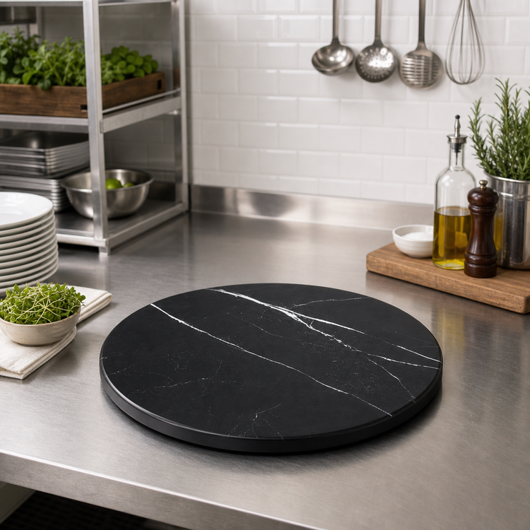 Product image #2 for 14-Inch Round Melamine Serving Board with Black Marble Pattern