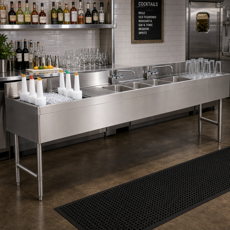Product image #2 for Advance Tabco Underbar Basics 96-Inch Stainless Steel 3-Compartment Bar Sink and Ice Bin Combo with Left-Hand Ice Bin and Deck-Mount Faucet