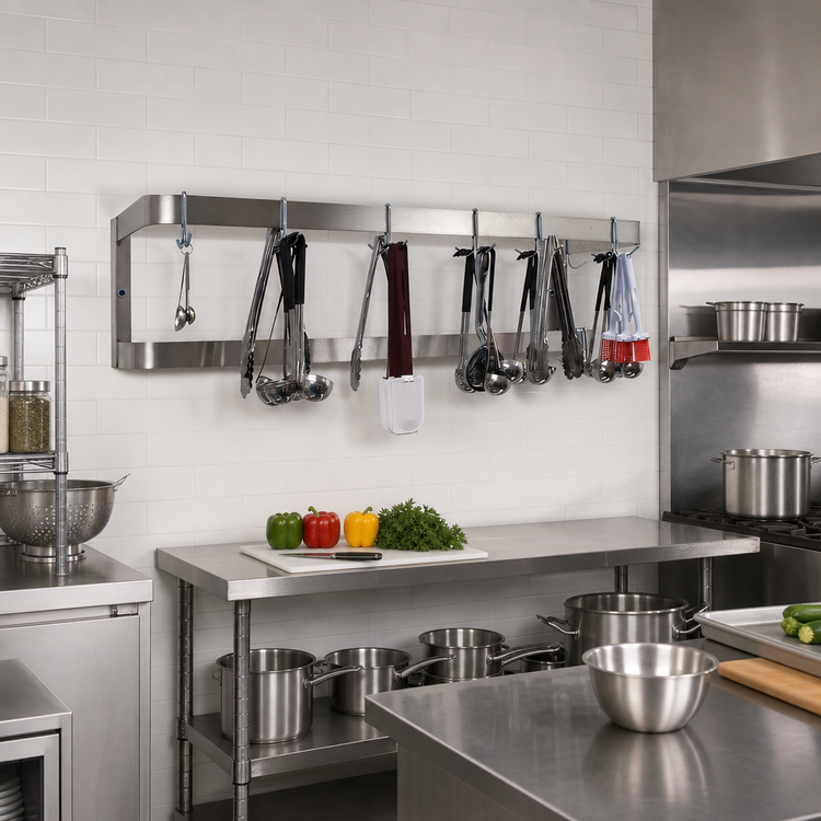Product image #2 for Advance Tabco Wall-Mounted Stainless Steel Double-Bar Pot Rack, 60 Inch Wide, 18 Hooks