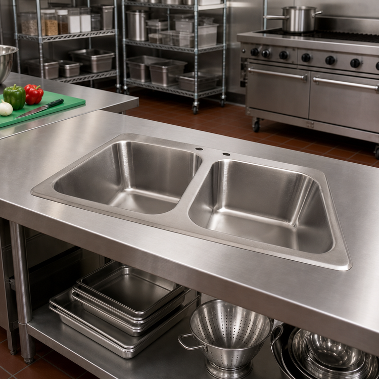 Product image #2 for BK Resources Deep Drawn Two-Compartment Drop-In Sink, 33 x 22 x 6 Inch, 20/304 Stainless Steel