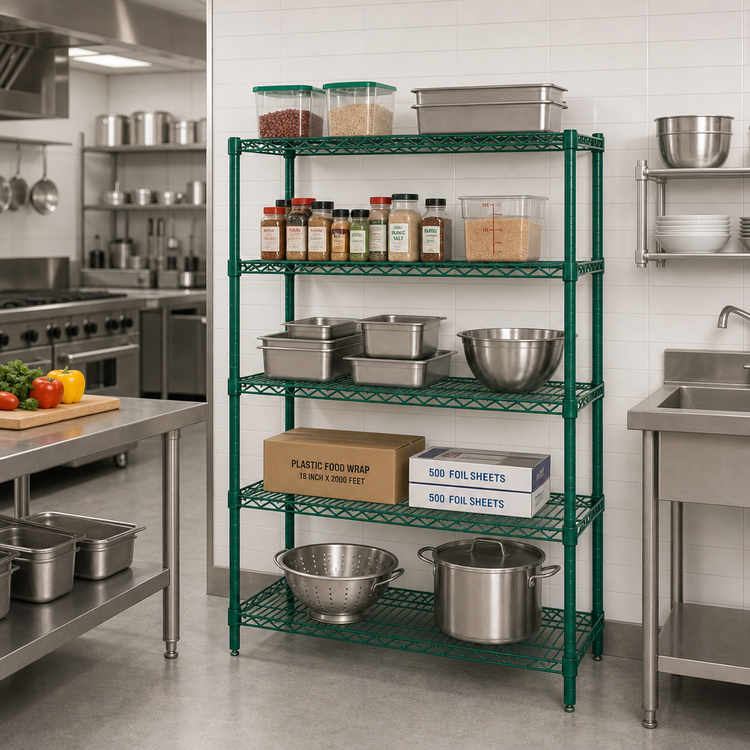 Product image #2 for Quantum 5-Shelf Stationary Wire Shelving Starter Kit, 48"W x 14"D x 54"H, Green Epoxy Finish