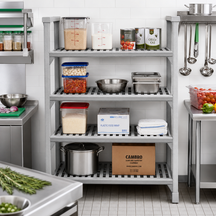 Product image #3 for Cambro Camshelving Premium 4-Shelf Vented Polymer Shelf Kit, 24 x 18 Inches, Speckled Gray