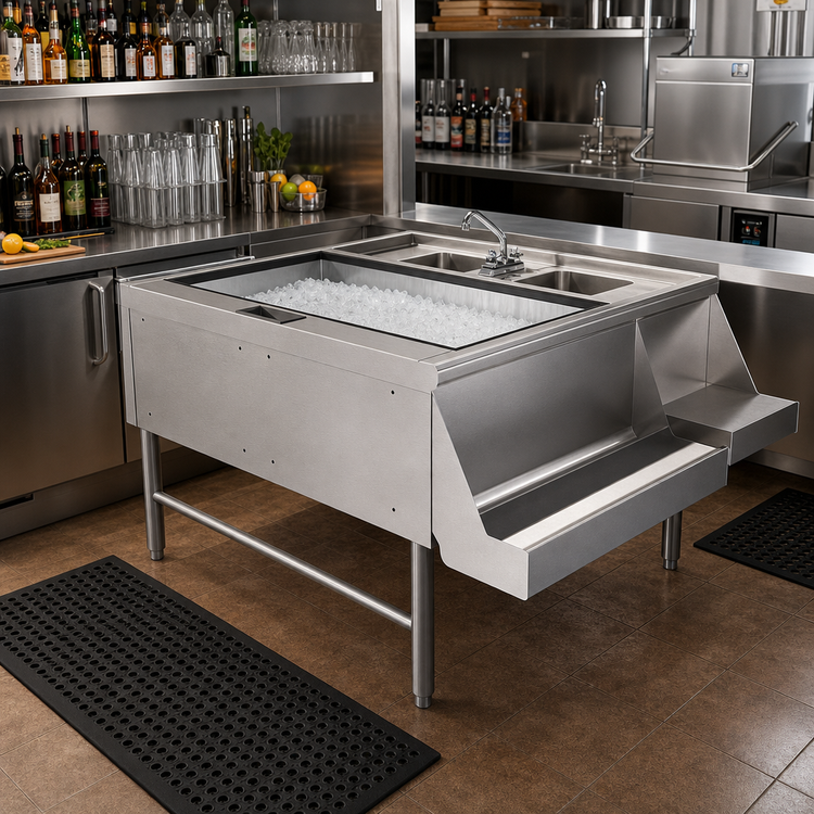 Product image #2 for Advance Tabco Prestige 42 Inch Double Underbar Beverage Service Station with Pass-Thru Ice Bin, 10-Circuit Cold Plate and 2 Sinks
