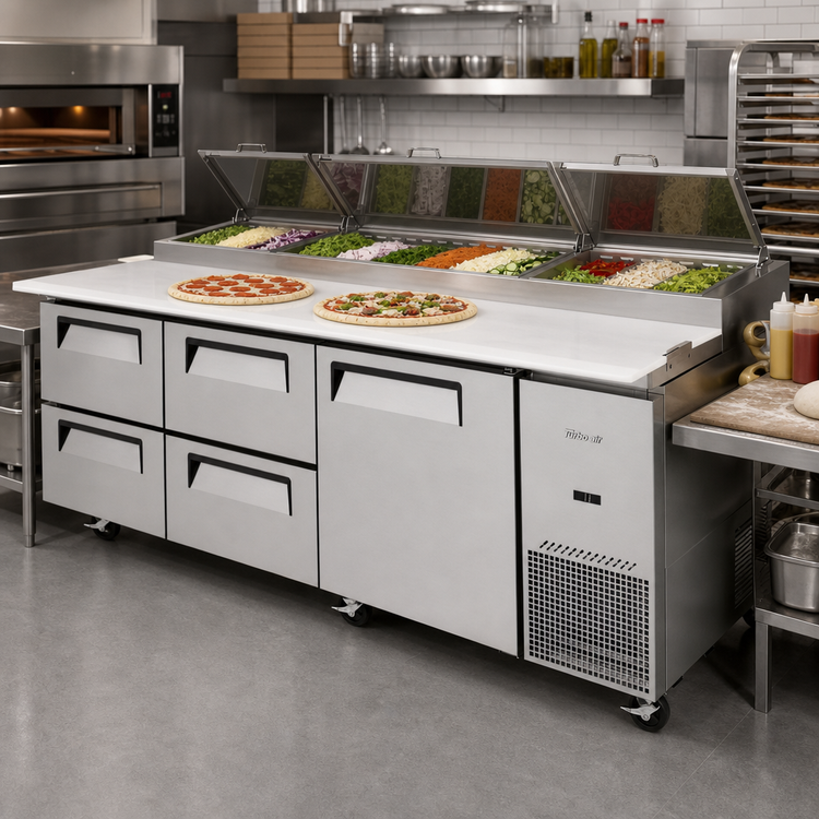 Product image #2 for Turbo Air Super Deluxe 93-Inch Three-Section Pizza Prep Table with 1 Door and 4 Drawers